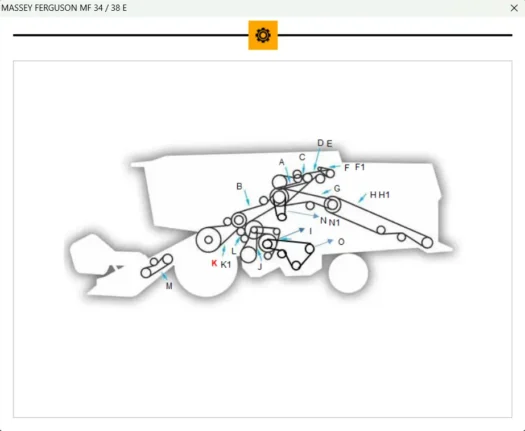 Diagrama do trator Massey Ferguson MF 34/38 E, destacando componentes e conexões.