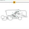 Diagrama técnico do trator Massey Ferguson MF 34/38 E com componentes identificados por letras e setas.