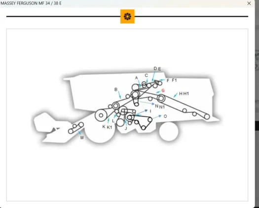 Diagrama técnico do trator Massey Ferguson MF 34/38 E com componentes identificados por letras e setas.