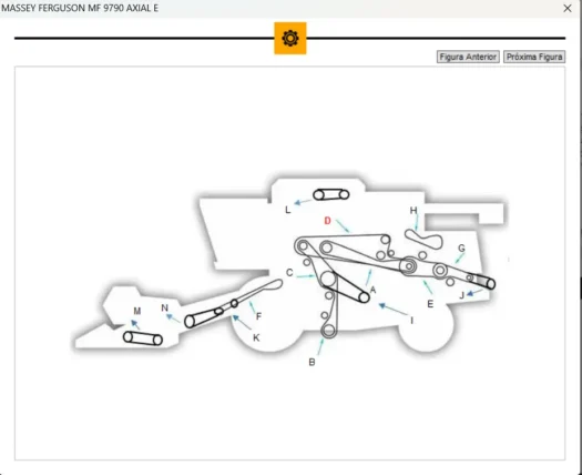Diagrama do sistema do trator Massey Ferguson MF 9790 Axial com partes numeradas.