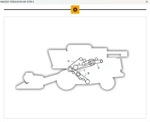 Diagrama do trator Massey Ferguson MF 8780 E com componentes rotulados A, B, C, D e E.