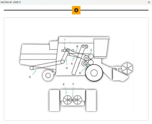 Diagrama técnico do trator Valtra BC 4500 D com partes identificadas.