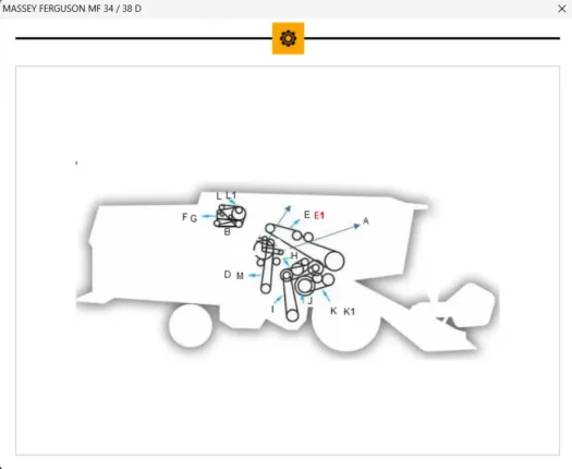 Diagrama técnico da colheitadeira Massey Ferguson MF 34/38 D com componentes identificados.