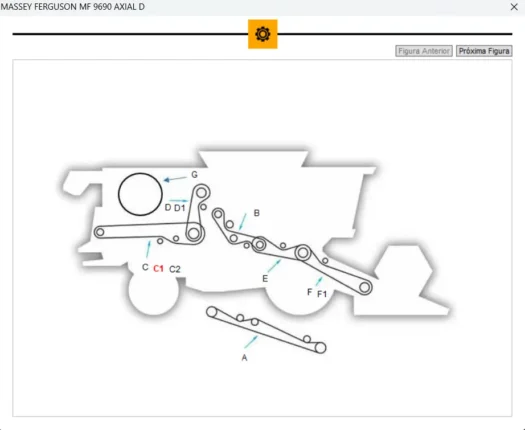 Diagrama técnico do trator Massey Ferguson MF 9690 Axial com partes identificadas.