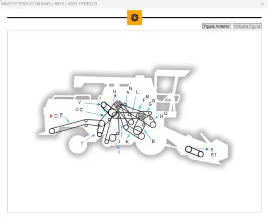 Diagrama do modelo de colheitadeira Massey Ferguson 6845/6855 com identificação de partes e componentes.