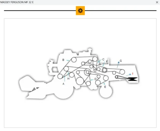 Diagrama esquemático do trator Massey Ferguson MF 32 E com componentes identificados.