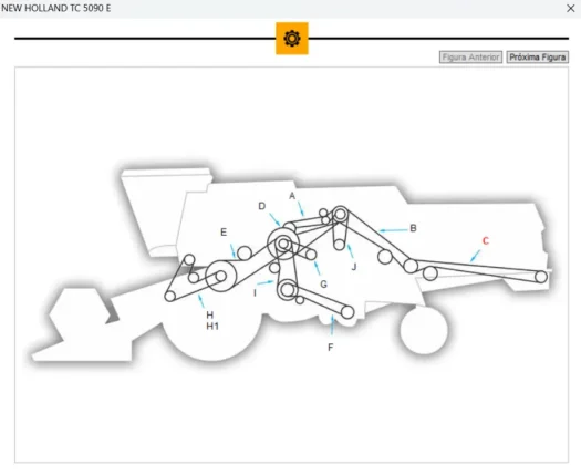 Diagrama do mecanismo do trator New Holland TC 5090 E com partes identificadas por letras.