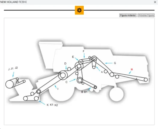 Diagrama técnico do trator New Holland TC59 E com partes identificadas por letras e setas.