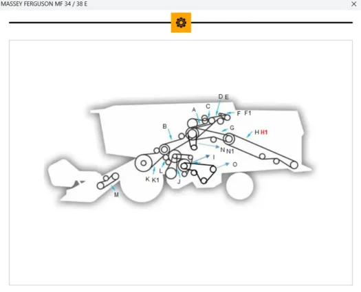 Diagrama técnico do trator Massey Ferguson MF 34/38 com itens de identificação.