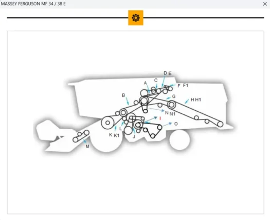 Diagrama técnico do trator Massey Ferguson MF 34/38 com peças identificadas.