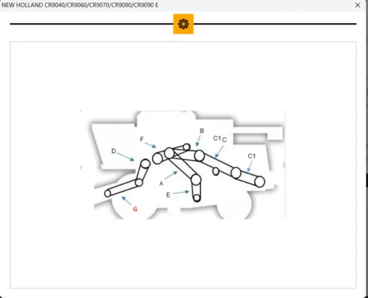 Diagrama técnico de um equipamento agrícola com componentes identificados por letras.