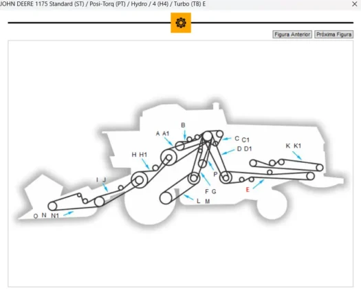 Diagrama de partes do trator John Deere 1175 com etiquetas identificativas.
