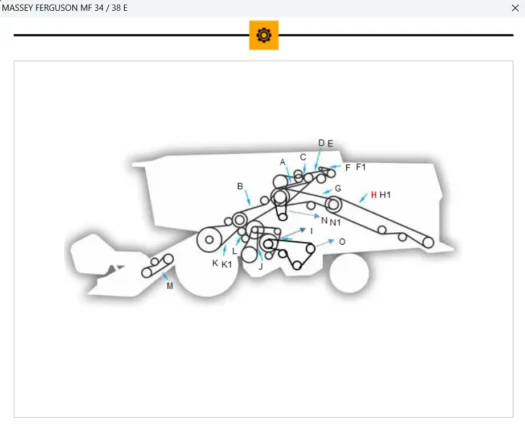 Diagrama técnico do trator Massey Ferguson MF 34/38 E com componentes rotulados.