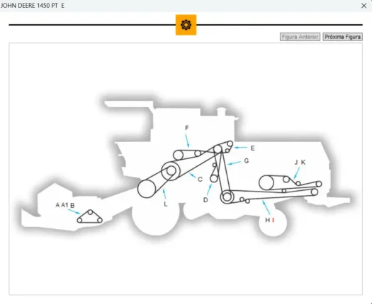 Diagrama do funcionamento de um trator John Deere 1450 PT com partes numeradas.