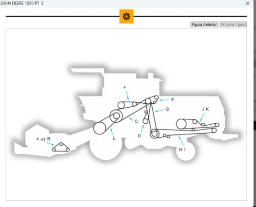 Diagrama do equipamento John Deere 1550 PT com partes identificadas por letras.