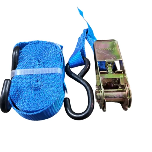 Cinta de amarração azul com gancho e catraca.