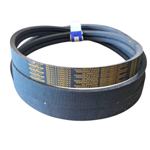 Conjunto de correias emborrachadas com detalhes em amarelo e azul.