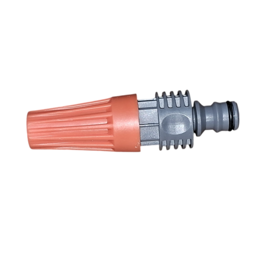 Conector de mangueira com ponta laranja e corpo cinza.