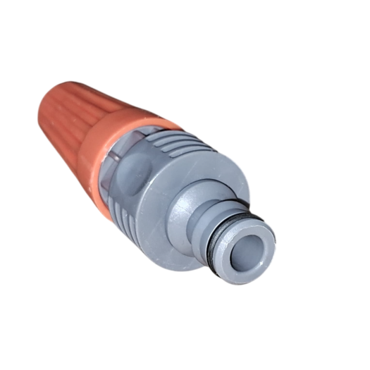 Adaptador plástico em tons de cinza e laranja, com formato cônico