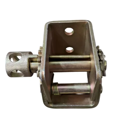 Acoplamento de metal com estrutura retangular e mecanismo interno.