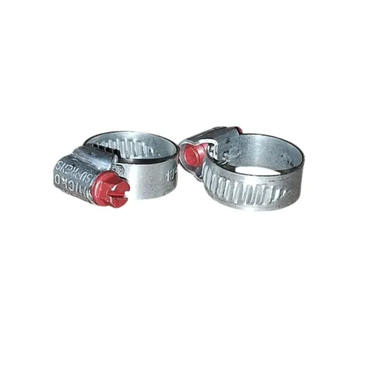 Duas braçadeiras metálicas com ajustes e detalhes em vermelho.