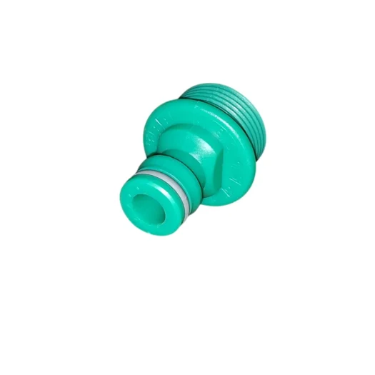 Conector plástico verde com roscas e anéis de vedação