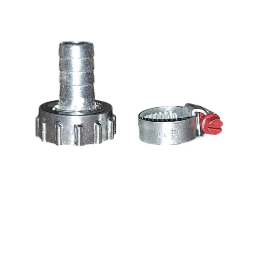 Conector metálico com roscas e abraçadeira de metal.