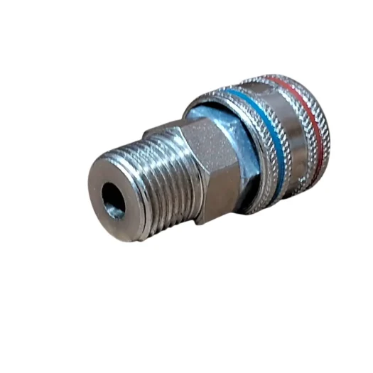 Conector metálico com rosca e furo, usado em sistemas de tubulação.