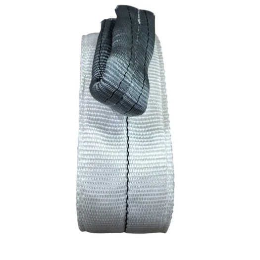 Cinta de amarração em poliéster nas cores cinza e branco, com costura visível.