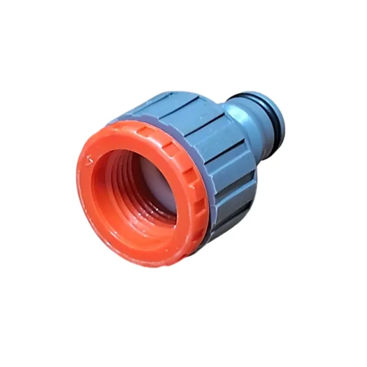 Conector de mangueira com rosca, corpo cinza e detalhes em laranja.