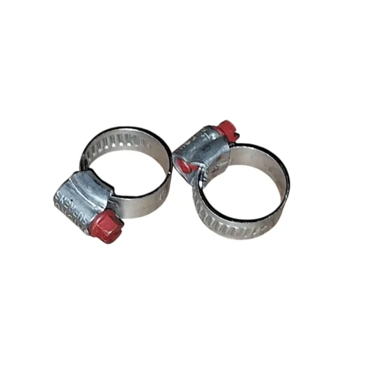 Dois grampos de mangueiras metálicos com detalhe em vermelho.