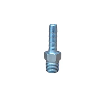 Conector metálico com rosca e terminações para mangueiras.