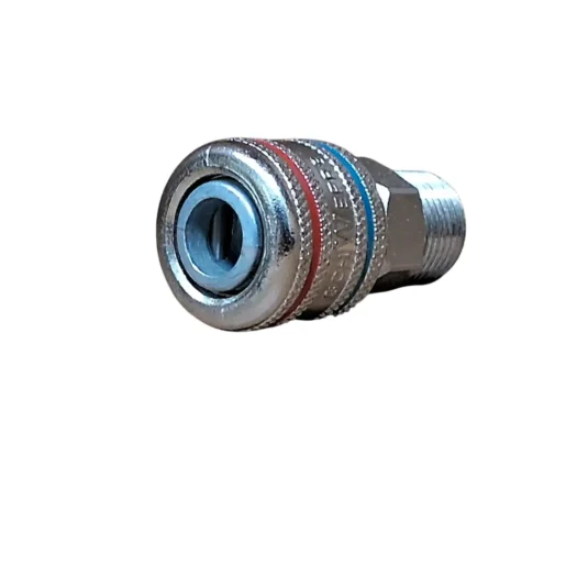 Conector metálico com acabamento brilhante e detalhes em vermelho e azul.