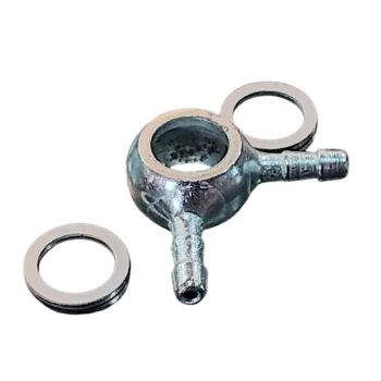 Conector metálico com duas arruelas ao lado, indicado para sistemas hidráulicos.
