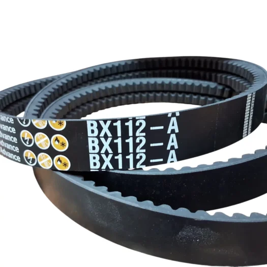 Três correias BX112-A pretas em cima de uma superfície clara, com etiquetas visíveis.