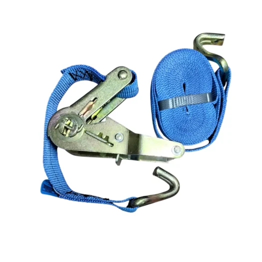 Cinta de amarração azul com ganchos e catraca.