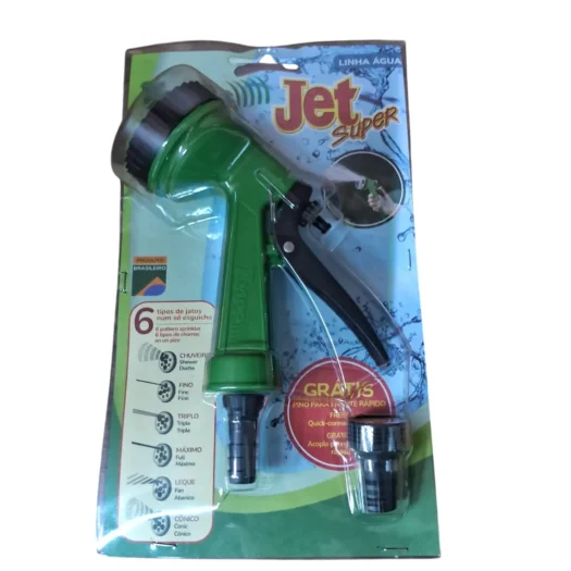 Esguicho verde com várias opções de jato, embalagem com informações do produto.