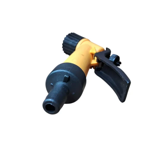 Dispositivo de disparo para mangueira de jardim, com corpo amarelo e detalhe preto.