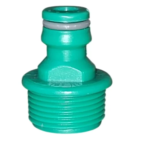 Conector roscado em plástico verde, com detalhe emborrachado e forma cônica.