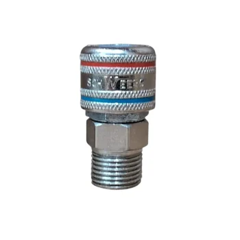Conector metálico com rosca e marca em destaque.
