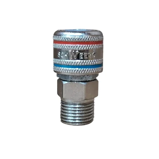Conector metálico com rosca e marca em destaque.