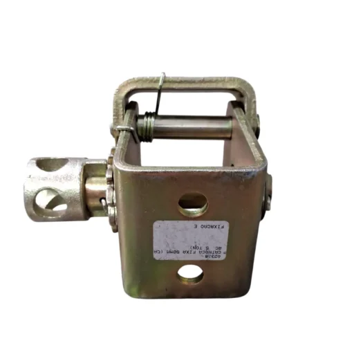 Suporte metálico para fixação com design retangular e acabamento em pintura dourada.