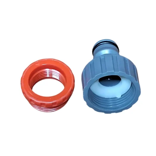 Conjunto de engates rápidos para mangueira, uma peça cinza e uma peça laranja.