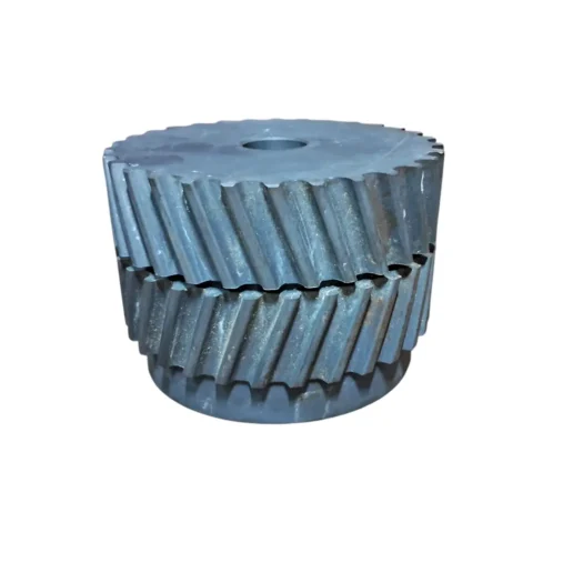 Dois engrenagens metálicas empilhadas, com superfícies ranhuradas e um furo central.