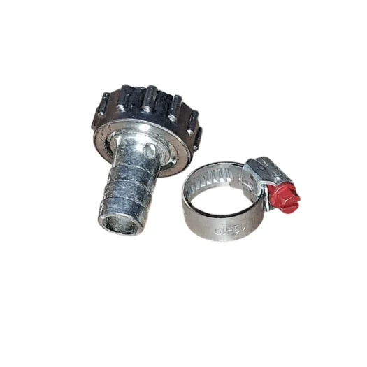 Conjunto de conectores metálicos, um com rosca e outro tipo clamp.