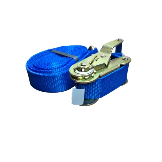 Cinta de amarração azul com catraca de metal.