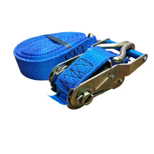 Cinta de amarração azul com catraca metálica e fita de poliéster.