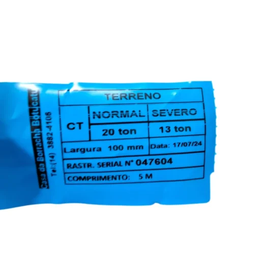 Etiqueta de produto azul com informações técnicas sobre terrenos.