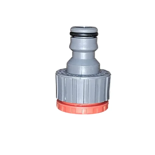 Conector de plástico cinza com detalhe vermelho para mangueiras.