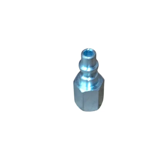 Conector de metal prateado com formato cilíndrico e hexagonal na base.